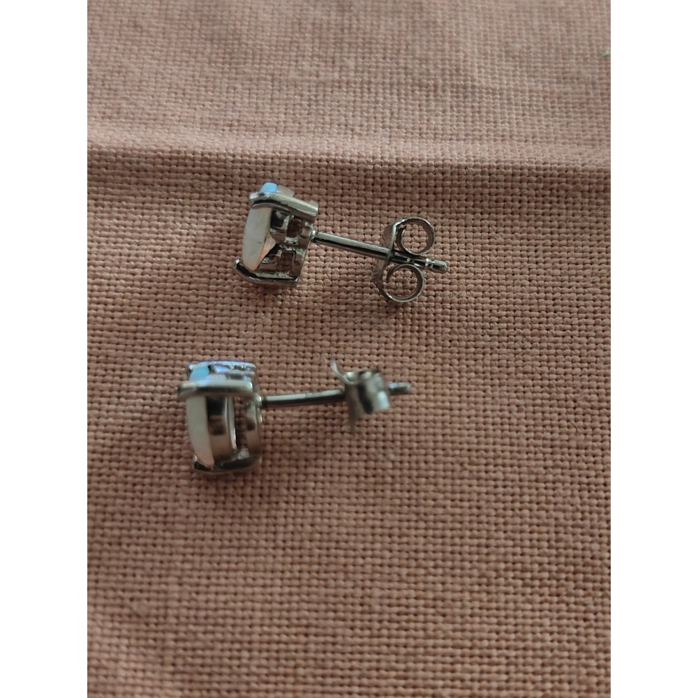 925 Sterling Silver Heart Lab Opal Stud Earrings Iridescent White Blue Dainty - Picture 2 of 3